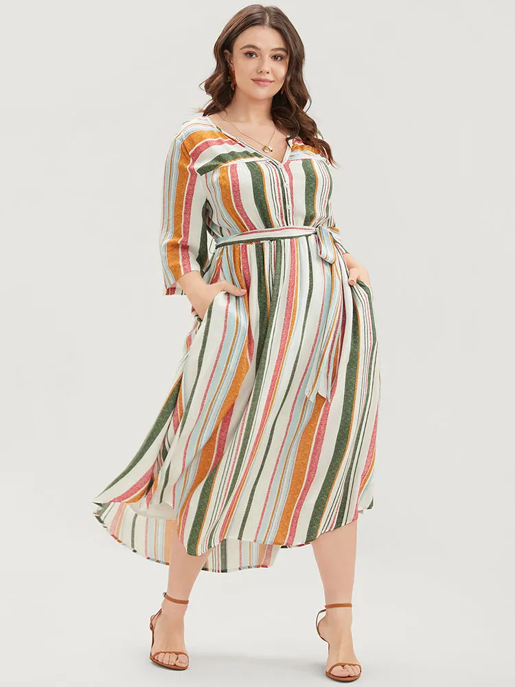 Striped Print Pocket Button Up Belted Midi Dress sold by Bloomchic product image thumbnail 2