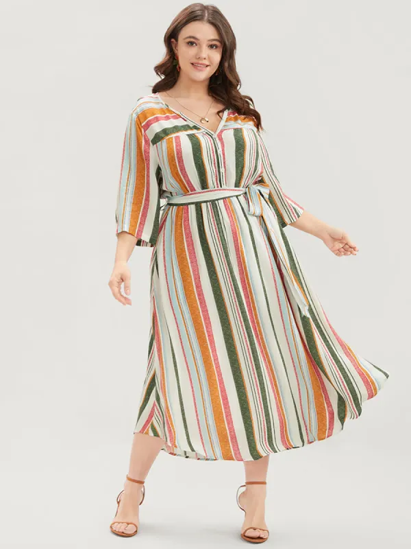 Striped Print Pocket Button Up Belted Midi Dress sold by Bloomchic