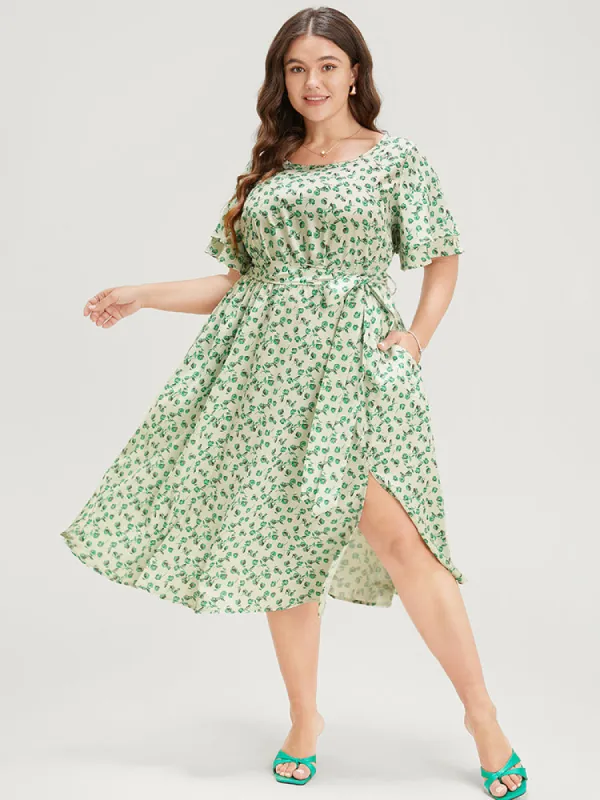 Ditsy Floral Flutter Sleeve Pocket Split Hem Belt Dress sold by Bloomchic