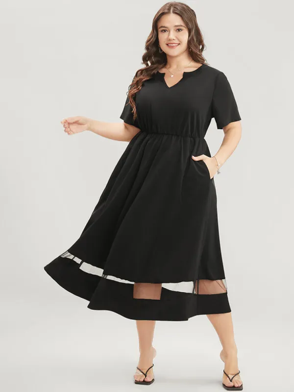 Plain Notched Neck Pocket Mesh Patchwork Flutter Dress sold by Bloomchic
