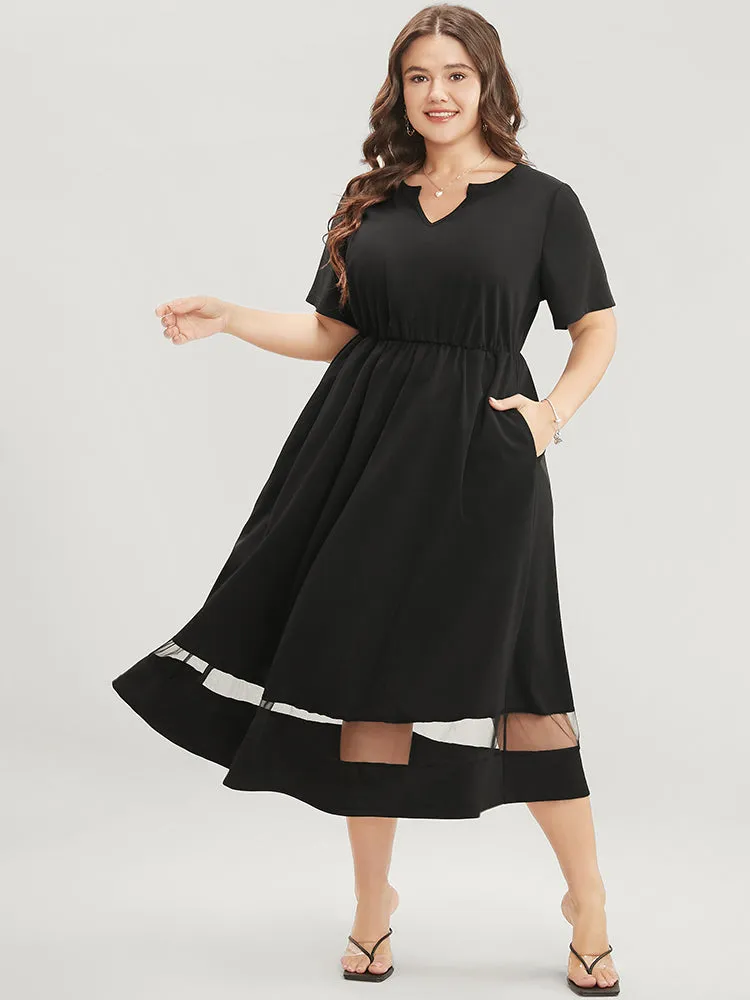 Plain Notched Neck Pocket Mesh Patchwork Flutter Dress sold by Bloomchic