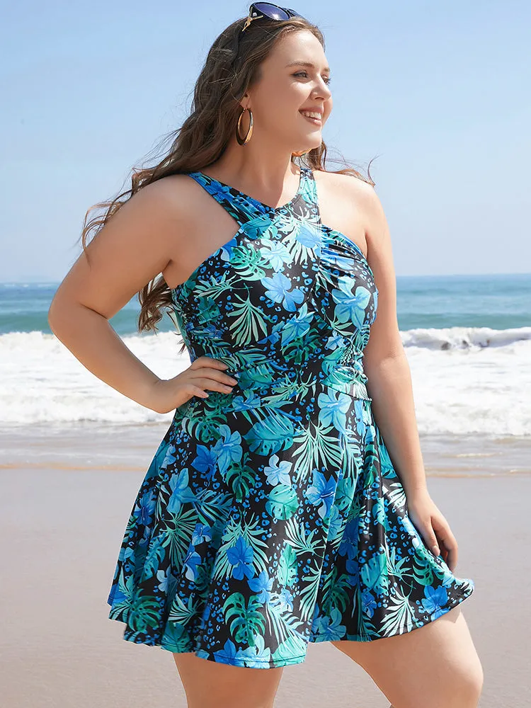 Tropical Print Sculpt Waist Ruffles Halter Swim Dress sold by Bloomchic product image thumbnail 3