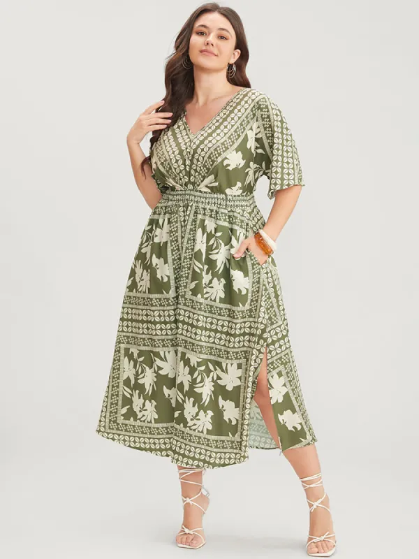 Floral Print Ruffles V Neck Shirred Pocket Split Hem Dress sold by Bloomchic