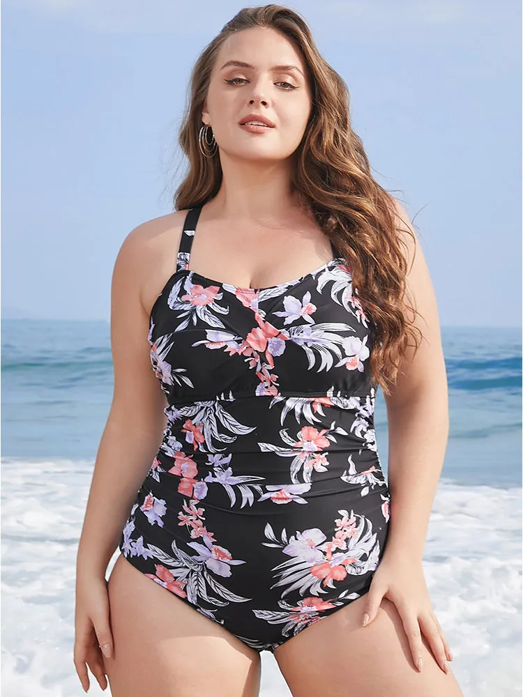 Floral Print Crossover Sculpt Waist One Piece Swimsuit sold by Bloomchic