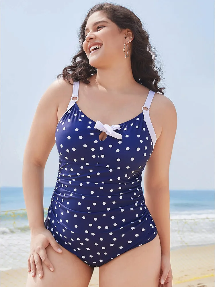 Polka Dot Keyhole Knotted Front One Piece Swimsuit sold by Bloomchic