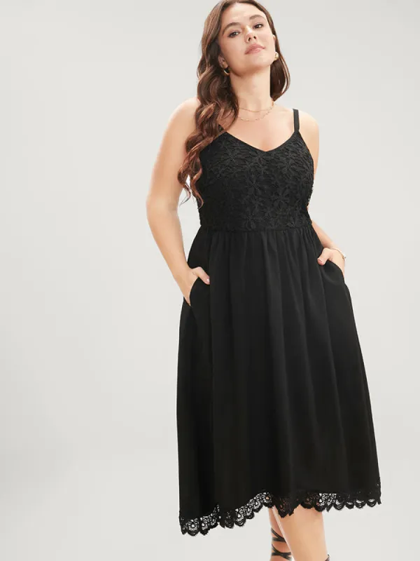 Solid Floral Pocket Crochet Lace Spaghetti Strap Asymmetrical Dress sold by Bloomchic