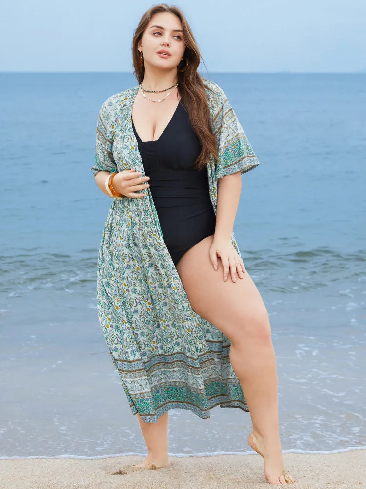 Floral Print Pocket Ties Up Kimono sold by Bloomchic