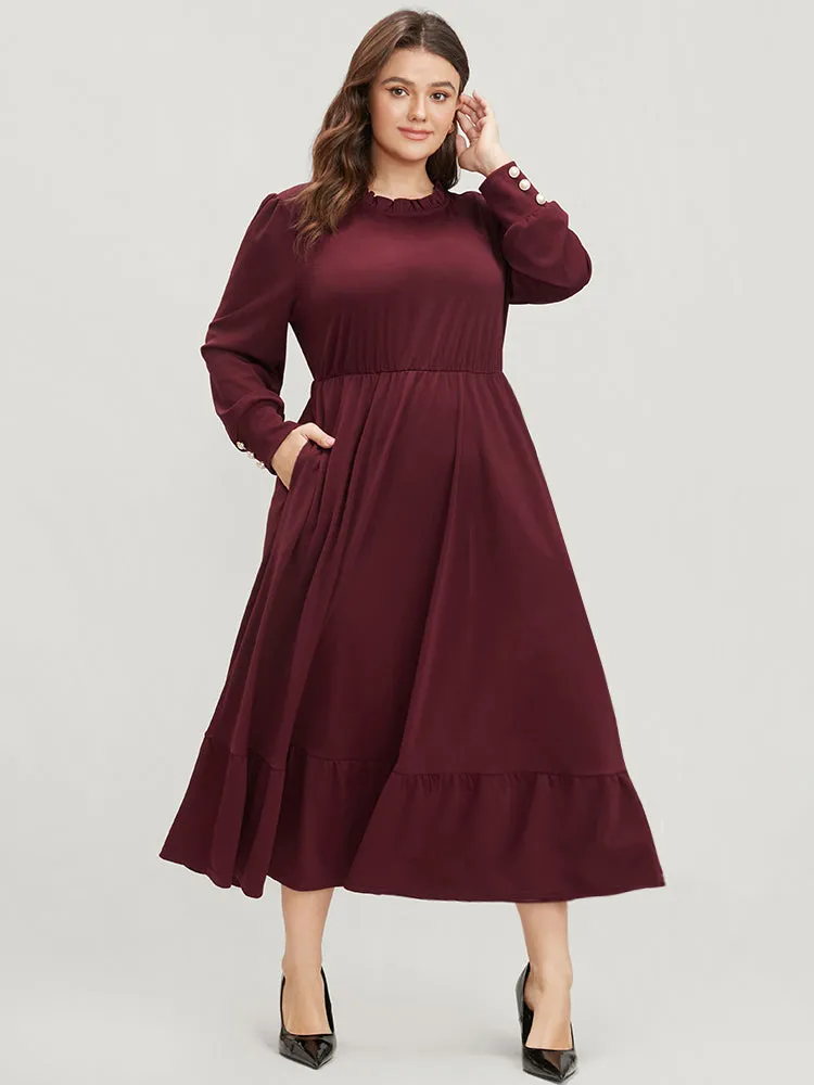 Solid Pearl Beaded Frill Trim Lantern Sleeve Flutter Dress sold by Bloomchic