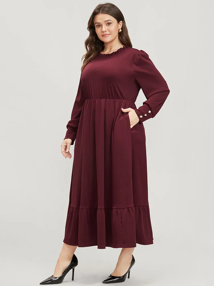 Solid Pearl Beaded Frill Trim Lantern Sleeve Flutter Dress sold by Bloomchic product image thumbnail 4