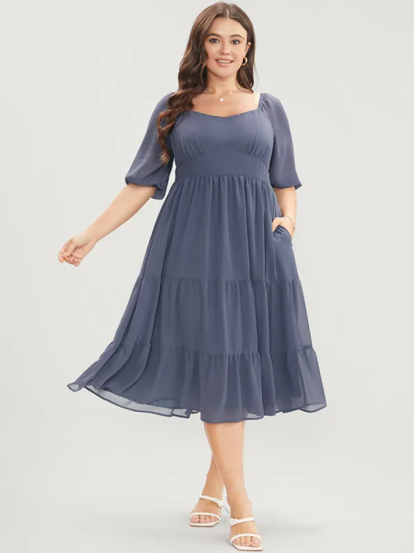 Solid Pocket Mesh Lantern Sleeve Shirred Back Ruffles Tiered Dress sold by Bloomchic