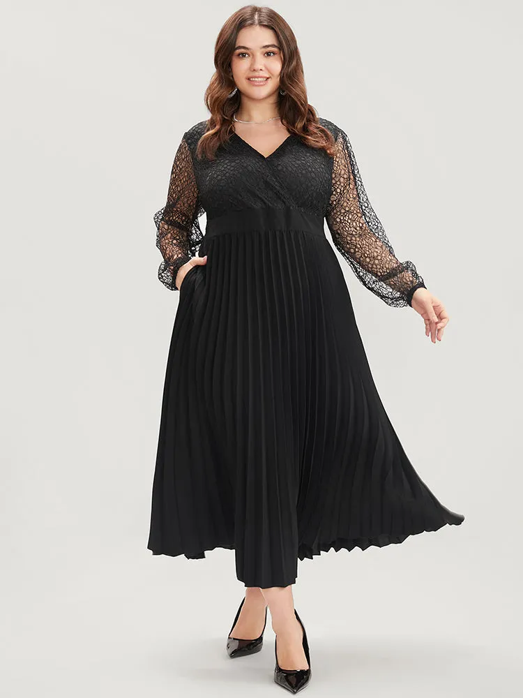 Solid Lace Pocket Elastic Waist Surplice Neck Pleated Dress sold by Bloomchic product image thumbnail 2