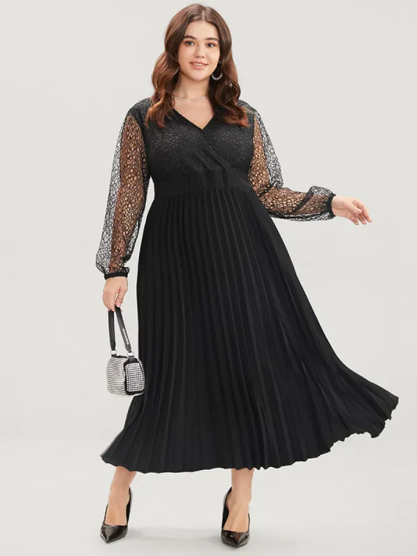 Solid Lace Pocket Elastic Waist Surplice Neck Pleated Dress sold by Bloomchic