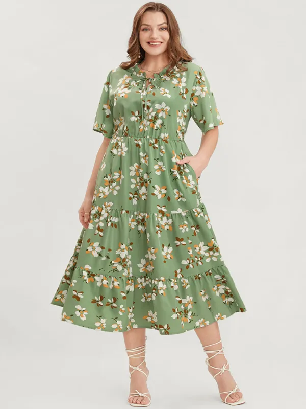 Floral Print Frill Trim Tie Neck Pocket Ruffle Tiered Dress sold by Bloomchic