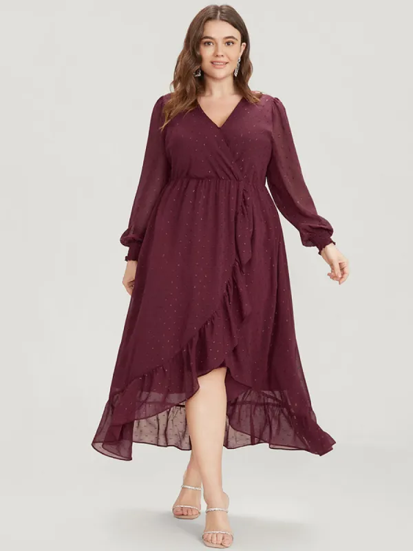 Solid Glitter Mesh Lantern Sleeve Shirred Wrap Flutter Hem Dress sold by Bloomchic
