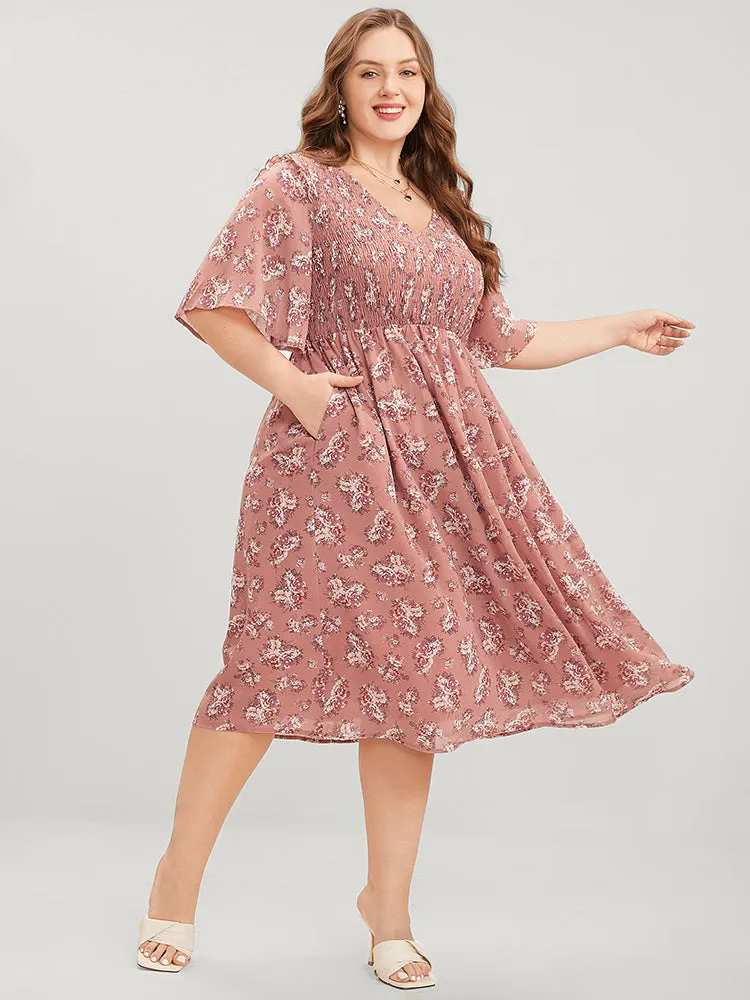 Floral Print V Neck Shirred Pocket Ruffle Dress sold by Bloomchic
