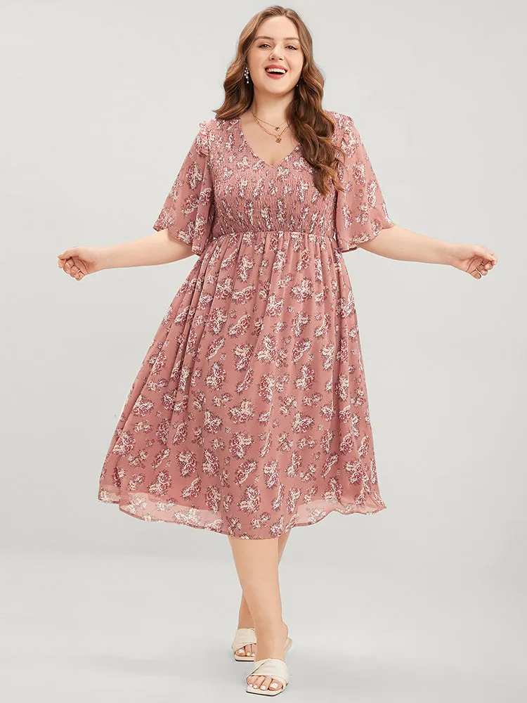 Floral Print V Neck Shirred Pocket Ruffle Dress sold by Bloomchic product image thumbnail 3