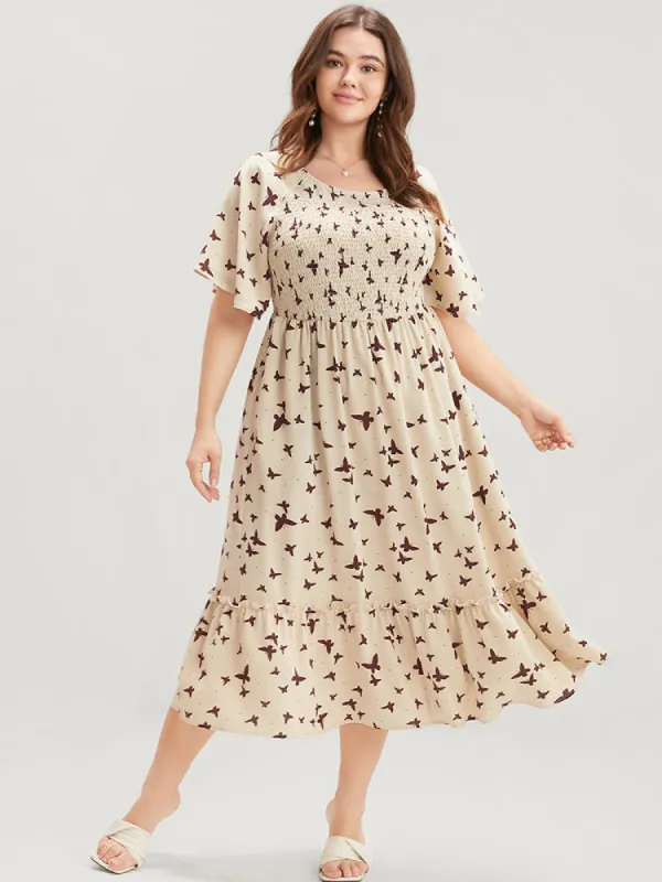 Butterfly Print Shirred Raglan Sleeve Pocket Flutter Dress sold by Bloomchic