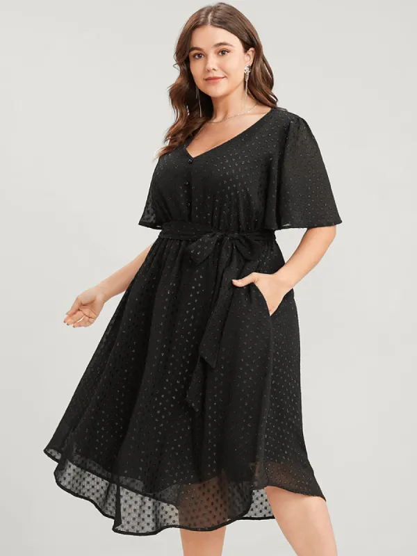 Glitter Polka Dot V Neck Pocket Belted Ruffles Hem Dress sold by Bloomchic