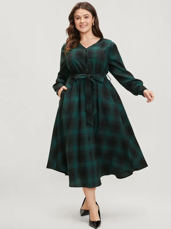 Plaid Pocket Button Detail Belted Asymmetrical Hem Dress sold by Bloomchic
