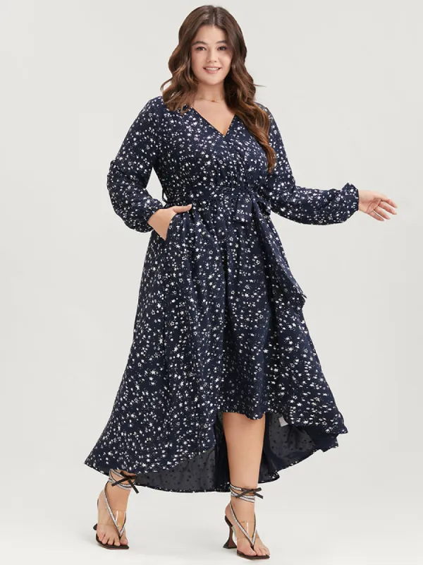 Star Print Pocket High Low Hem Belted Wrap Dress sold by Bloomchic