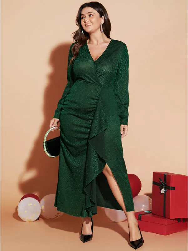 Solid Wrap Ruffle Trim Split Glitter Dress sold by Bloomchic