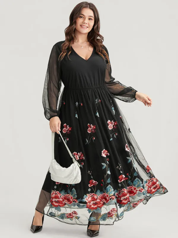 Floral Embroidered Mesh Lantern Sleeve Pocket Maxi Dress sold by Bloomchic