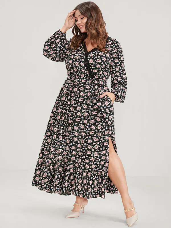 Ditsy Floral Split Pocket Lace Trim Wrap Maxi Dress sold by Bloomchic