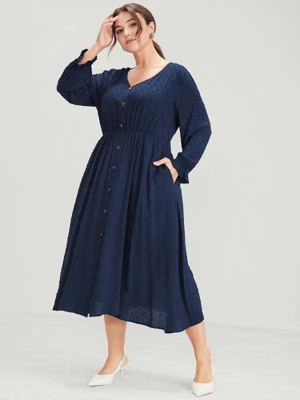 Polka Dot Lantern Sleeve Pocket Button Front Midi Dress sold by Bloomchic