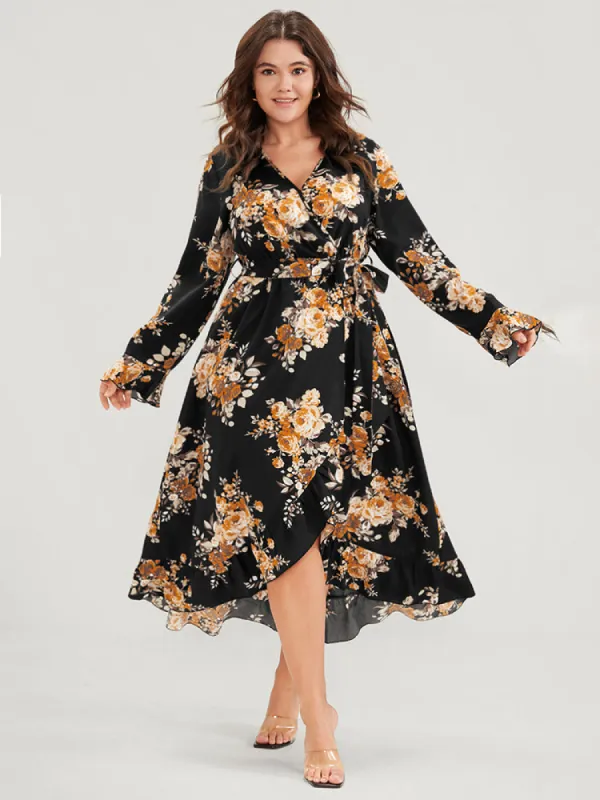 Floral Pocket Belted Ruffles High Low Hem Wrap Midi Dress sold by Bloomchic