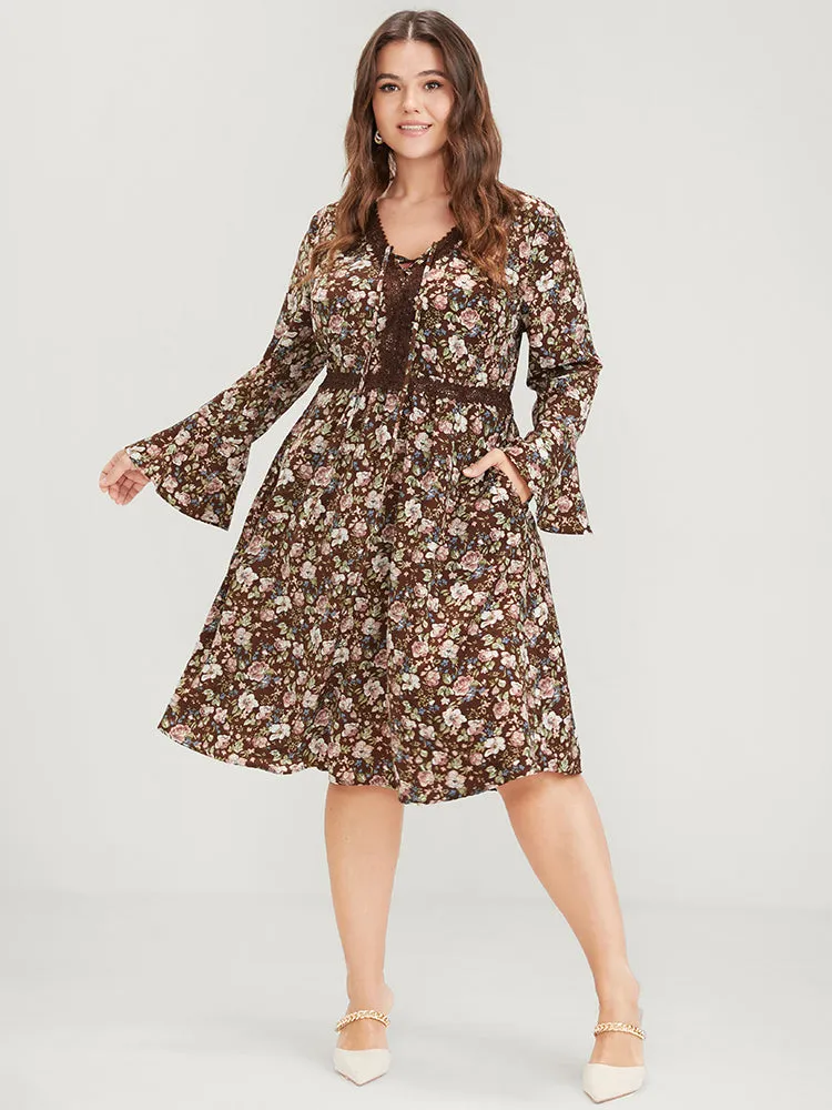 Floral Bell Sleeve Eyelet Lace Pocket Ties Neck Knee Dress sold by Bloomchic product image thumbnail 2
