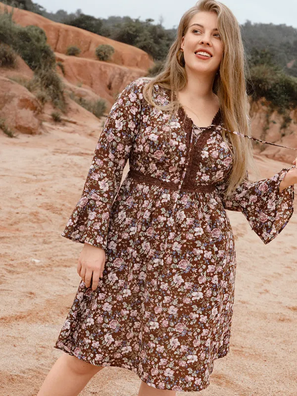 Floral Bell Sleeve Eyelet Lace Pocket Ties Neck Knee Dress sold by Bloomchic