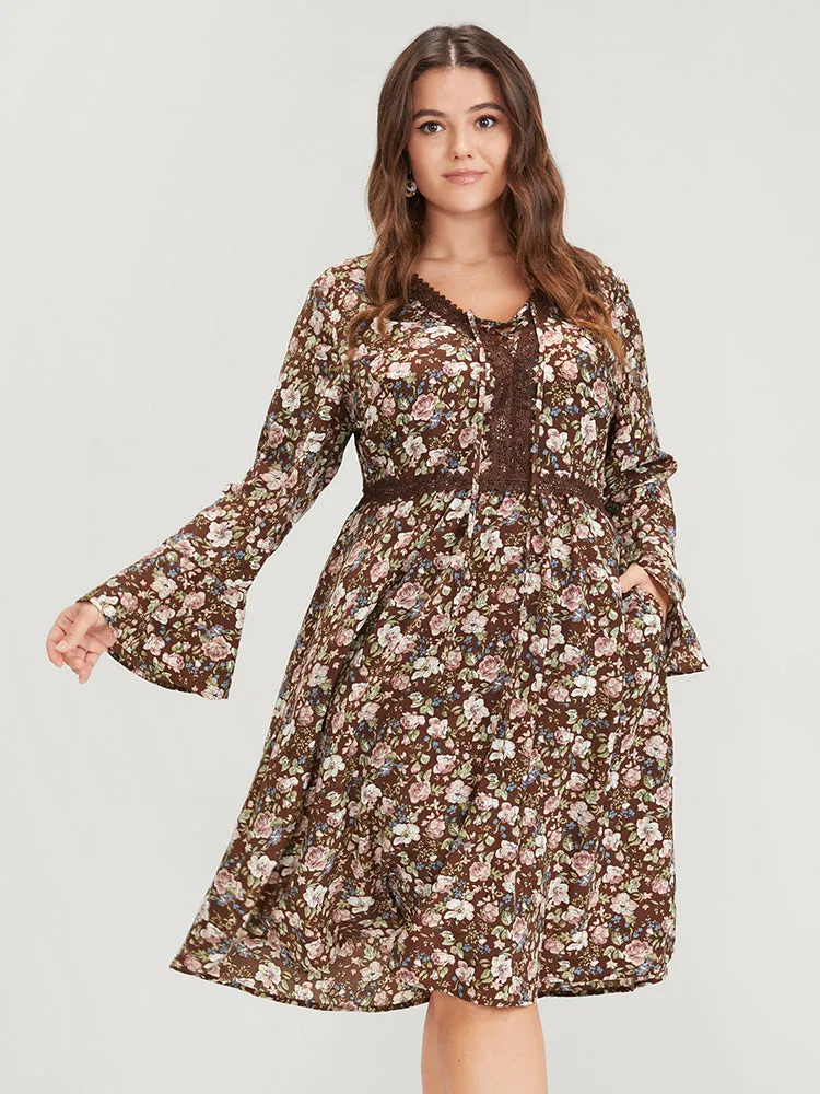 Floral Bell Sleeve Eyelet Lace Pocket Ties Neck Knee Dress sold by Bloomchic product image thumbnail 3