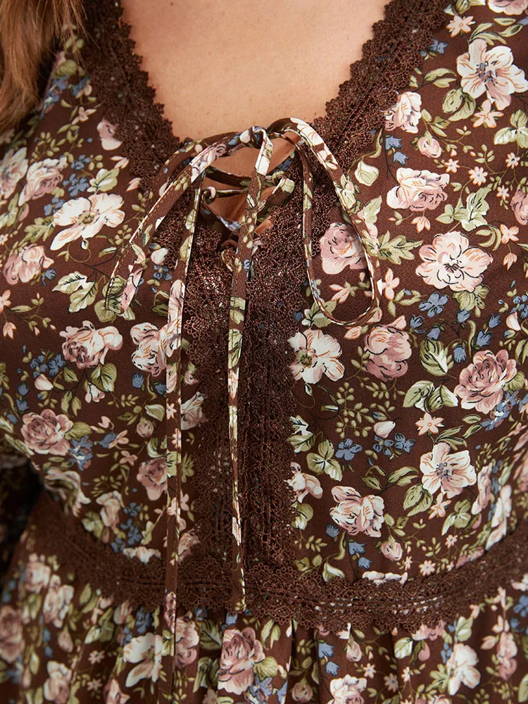 Floral Bell Sleeve Eyelet Lace Pocket Ties Neck Knee Dress sold by Bloomchic product image thumbnail 5