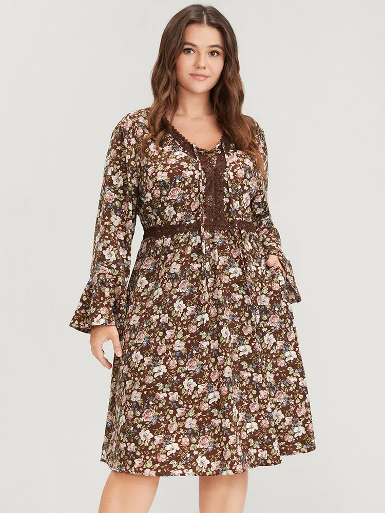 Floral Bell Sleeve Eyelet Lace Pocket Ties Neck Knee Dress sold by Bloomchic product image thumbnail 4