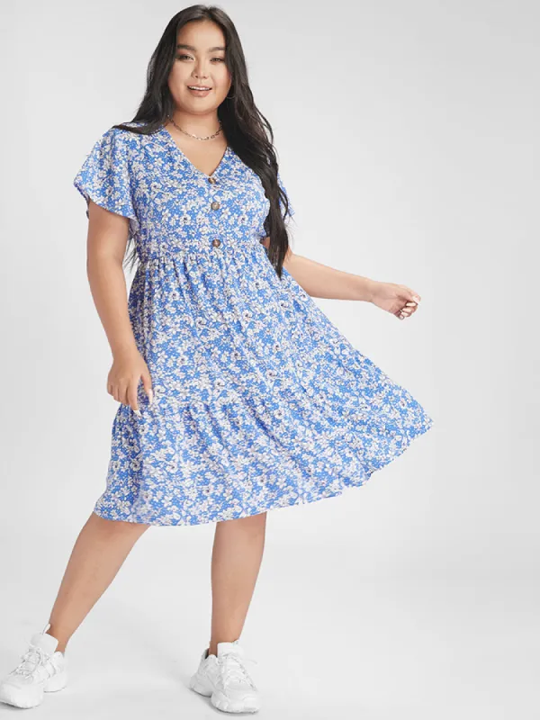 Bloom Dress - Ditsy Floral Ruffle Button Elastic Waist  Dress sold by Bloomchic