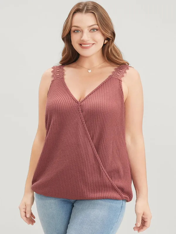 Solid Wrap Contrast Lace Waffle Knit Tank Top sold by Bloomchic