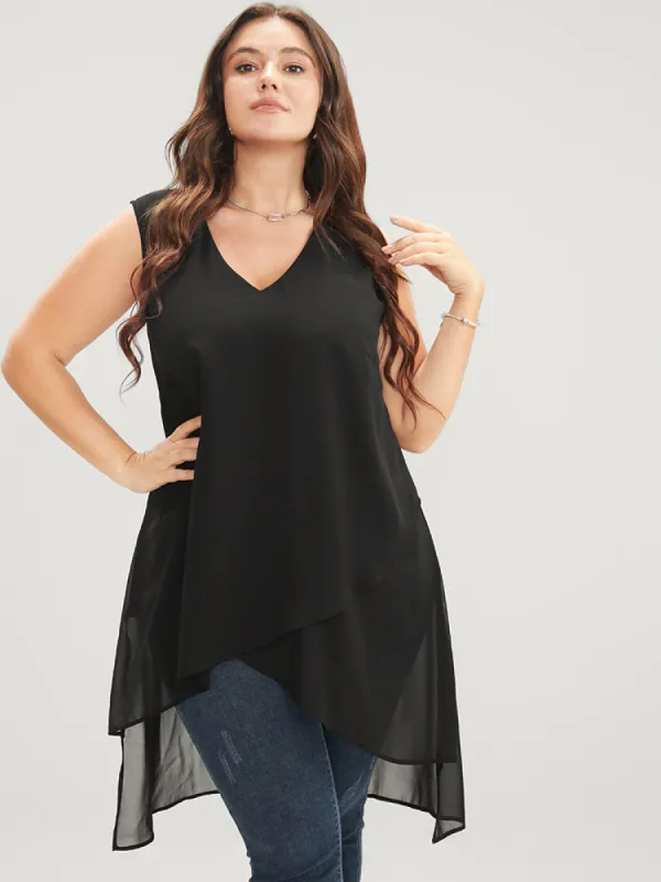 Solid V Neck Sleeveless Asymmetrical Hem Tank Top sold by Bloomchic
