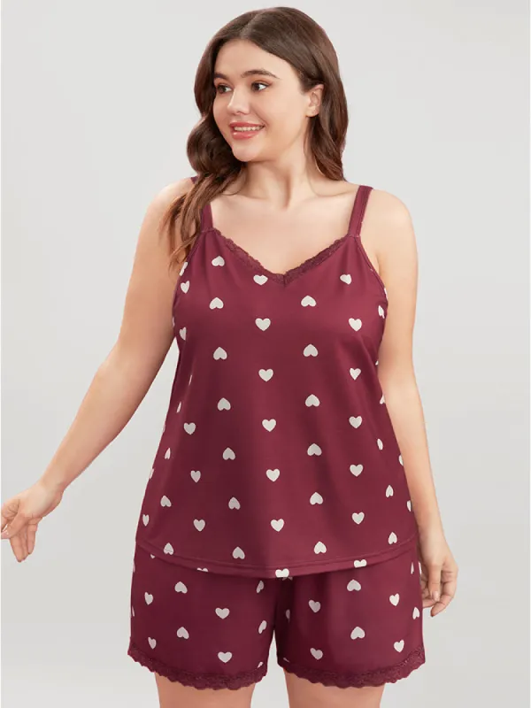 Heart Print Backless Lace Trim Cami Top sold by Bloomchic