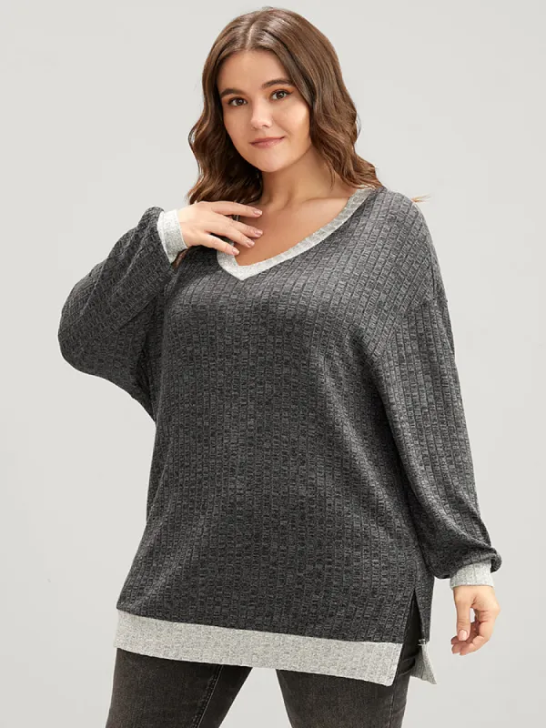 Contrast Trim Split Hem Textured V Neck Sweatshirt sold by Bloomchic
