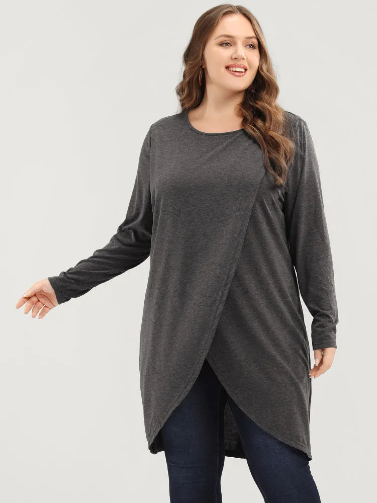 Solid Round Neck Asymmetrical Hem Long Tee sold by Bloomchic product image thumbnail 4
