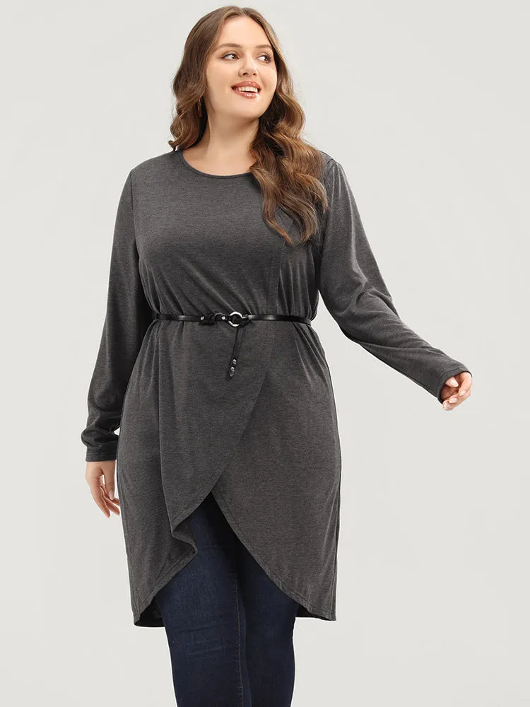 Solid Round Neck Asymmetrical Hem Long Tee sold by Bloomchic product image thumbnail 3
