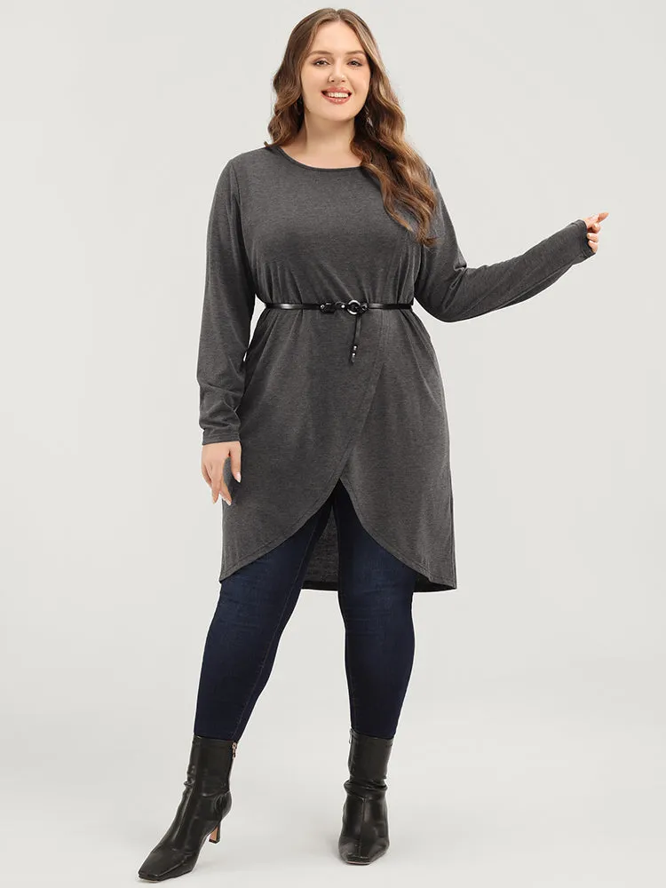 Solid Round Neck Asymmetrical Hem Long Tee sold by Bloomchic product image thumbnail 2