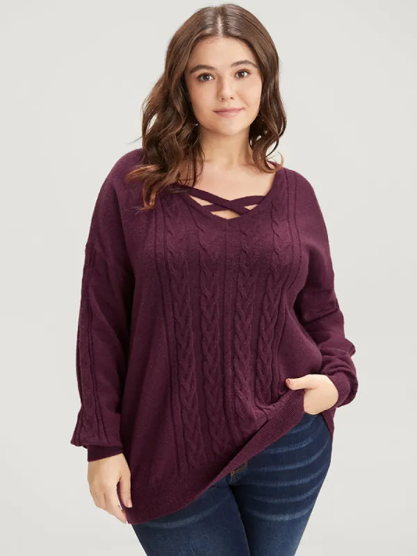 Soft Pointelle Knit Crisscoss Neck Cable Knit Top sold by Bloomchic