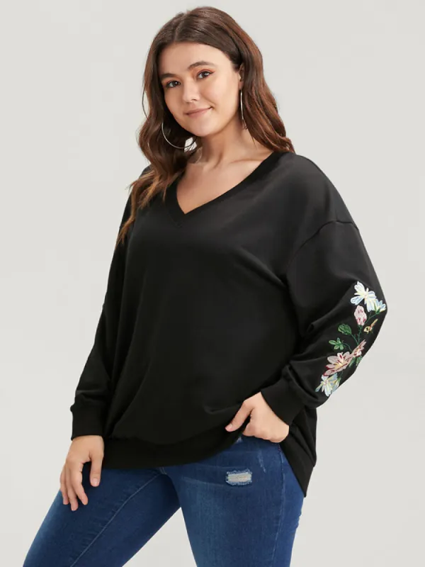 Floral Embroidered V Neck Drop Shoulder Sweatshirt sold by Bloomchic