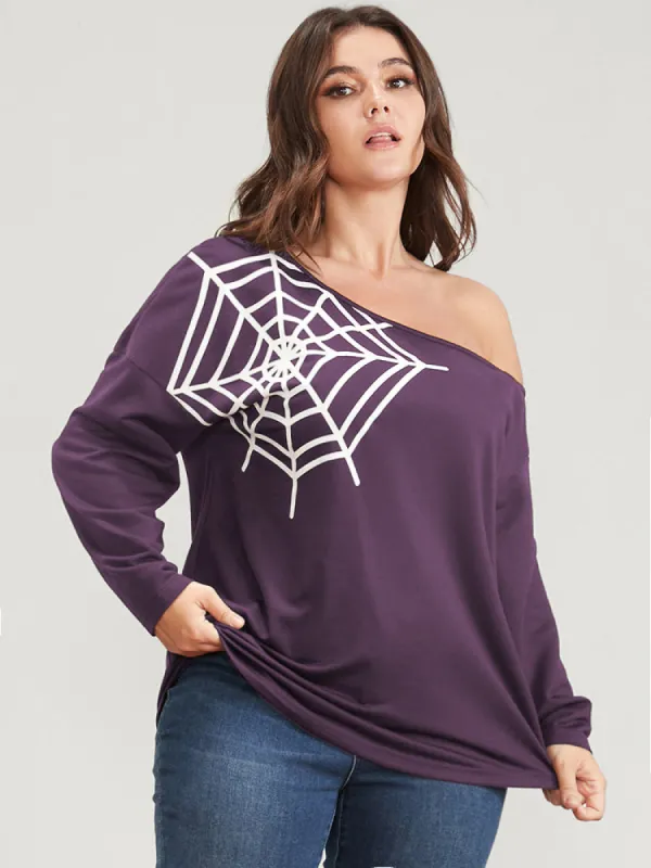 Halloween Spider Web Print One Shoulder Sweatshirt sold by Bloomchic