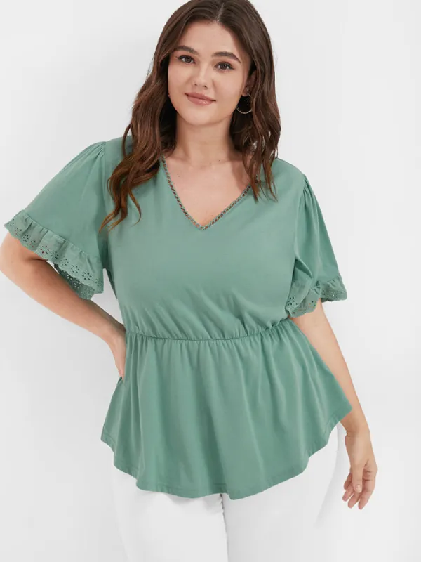 Solid Broderie Anglaise Flutter V Neck T-shirt sold by Bloomchic