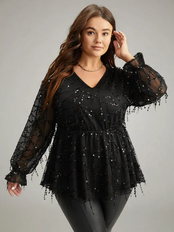 Halloween Sequin Mesh Elastic Waist Patchwork Blouse sold by Bloomchic