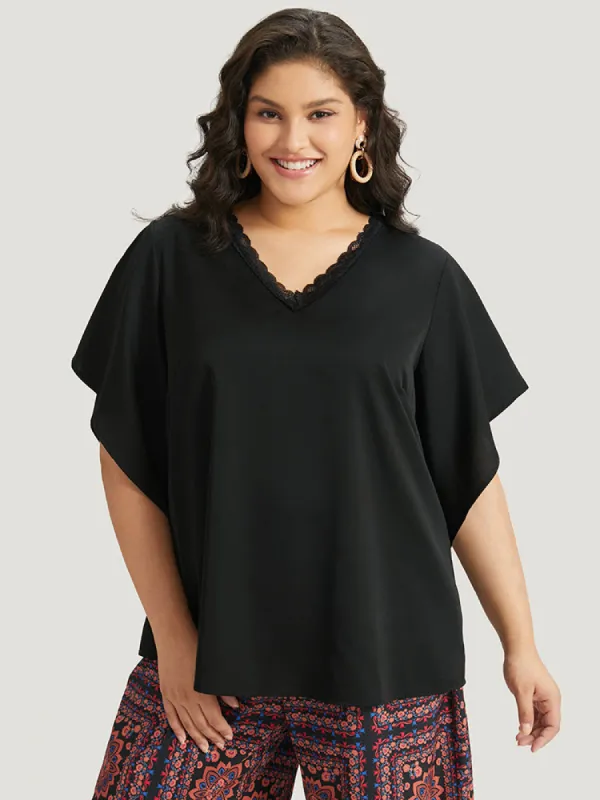 Solid Guipure Lace Flutter Sleeve Blouse sold by Bloomchic