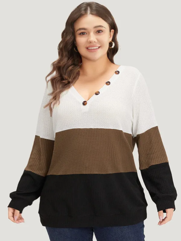 Waffle Knit Patchwork Button Detail Contrast Sweatshirt sold by Bloomchic