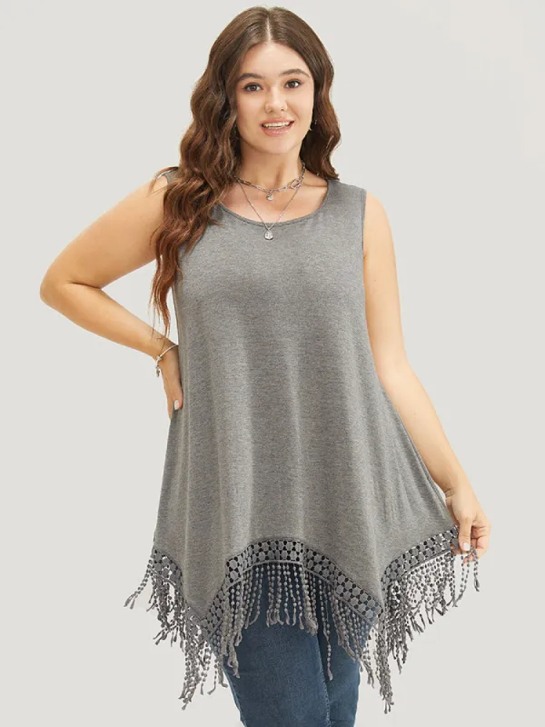 Solid Fringe Hem Lace Sleeveless Asymmetrical Tank Top sold by Bloomchic